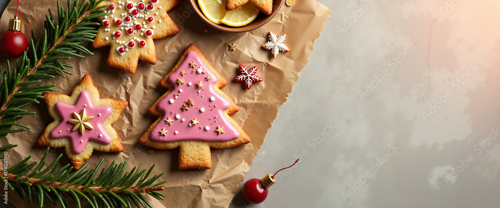 Obraz premium Christmas cookies decorated with icing on wooden background 