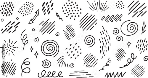 Hand-Drawn Doodle Abstract Textures Vector Set of Scribbles, Dots, Swirls, and Hatching for Creative Graphic Design Elements, Backgrounds, and Annotation Marks.