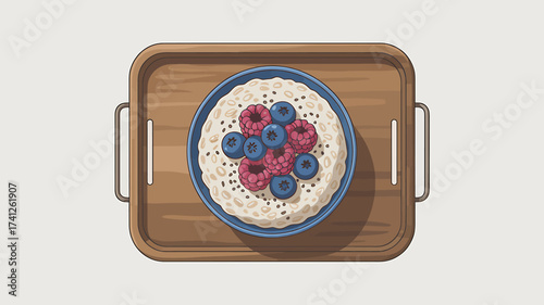 Oatmeal breakfast bowl with fresh raspberries and blueberries on a rustic wooden tray vibrant food illustration