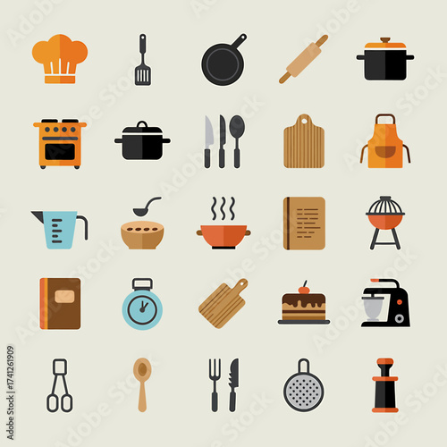 Assorted kitchen cooking baking utensil tools vector illustration icon set for culinary arts and food preparation activities at home and in professional kitchens