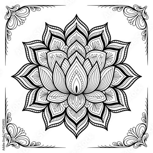 Intricate black and white lotus flower mandala with decorative corner elements, isolated on white background