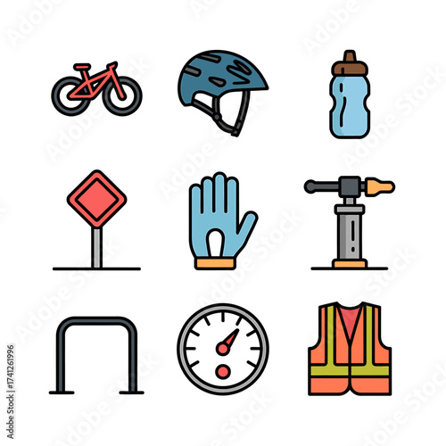 Bicycle Safety Equipment Icons Set Flat Design Illustration Biking Essentials Cycling Gear for Safe Rides Adventure Travel