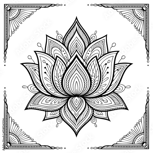 Detailed black and white lotus flower mandala with ornate corner accents, isolated on white background