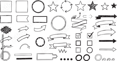 Hand-Drawn Doodle Sketch Elements Vector Set of Banners, Shapes, Stars, Arrows, and Checkboxes for Creative Graphic Design Elements, Frames, and Assets.