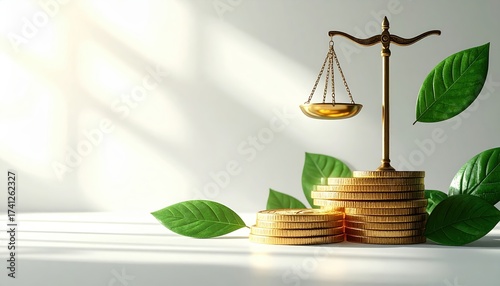 A balance scale is positioned on a stack of coins, surrounded by green leaves, symbolizing the intersection of finance and nature.