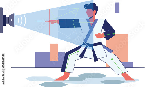 AI Martial Arts Kata Form and Precision Correction Vector Illustration. Practitioner Training with Digital Coach