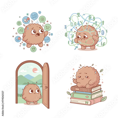Four illustrations depict a fluffy creature experiencing anxiety, confusion, discovery, and contemplation, showcasing various emotional states.
