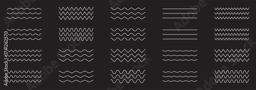 Wave line and wavy zigzag pattern lines. Vector black underlines, smooth end squiggly horizontal curvy squiggles on white background.