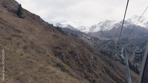 Scenic cable car ride over a mountain valley