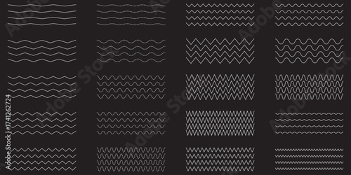 Wave line and wavy zigzag pattern lines. Vector black underlines, smooth end squiggly horizontal curvy squiggles on white background.