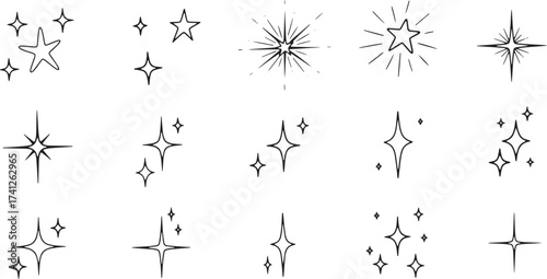 Hand-Drawn Doodle Sparkle and Starburst Vector Set for Shine, Magic, Celebration, Light Effects, and Unique Graphic Design Elements and Decorations.