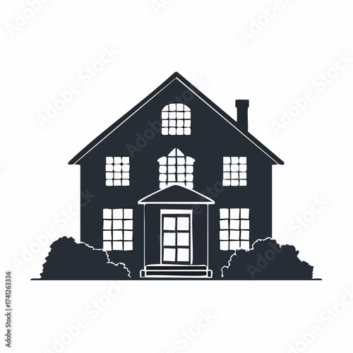 Simple dark silhouette of a traditional two-story family home. A monochrome vector icon of a residential building for real estate or architectural design