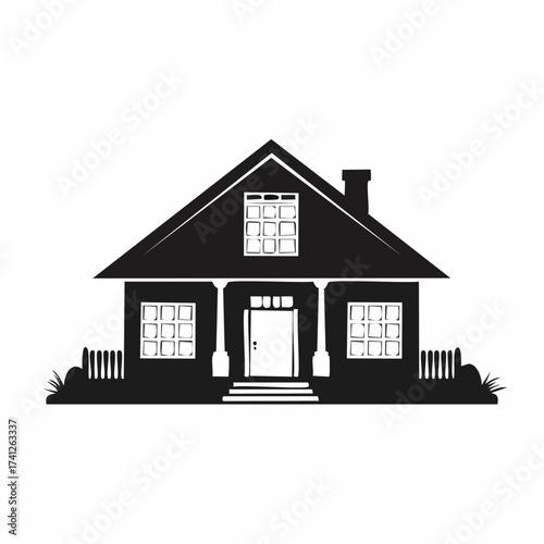 A simple black silhouette icon of a traditional family house. This vector graphic shows a residential building with a porch, ideal for real estate or home concepts