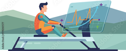 AI Rowing Stroke Power Curve and Drive Efficiency Analysis Vector Illustration. Rower Training on Smart Ergometer.