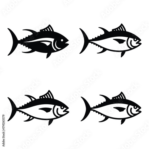 Four stylized tuna fish silhouettes and outlines for marine themes and seafood design silhouette