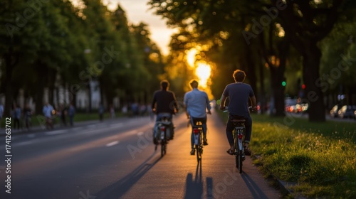 Wallpaper Mural Three people ride bicycles down a tree-lined city street at sunset, surrounded by greenery and soft golden light Torontodigital.ca