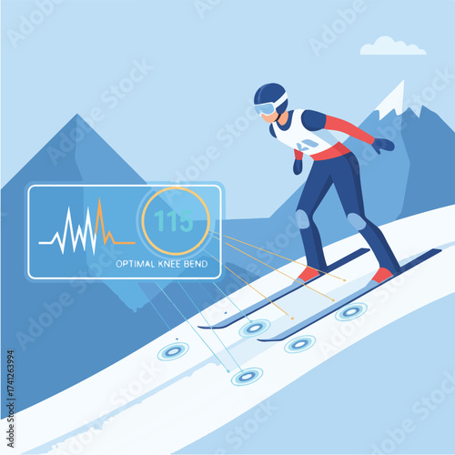 AI Ski Jumping Landing Force and Telemark Stability Analysis Vector Illustration. Athlete Reviewing Landing Metrics