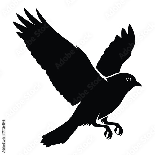 Silhouette of a black bird in mid-flight with wings spread wide and tail extended silhouette