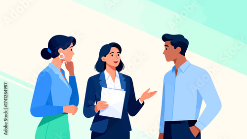 Three people in business attire having a discussion