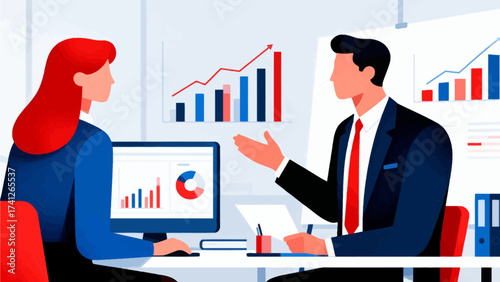 Business meeting with data charts