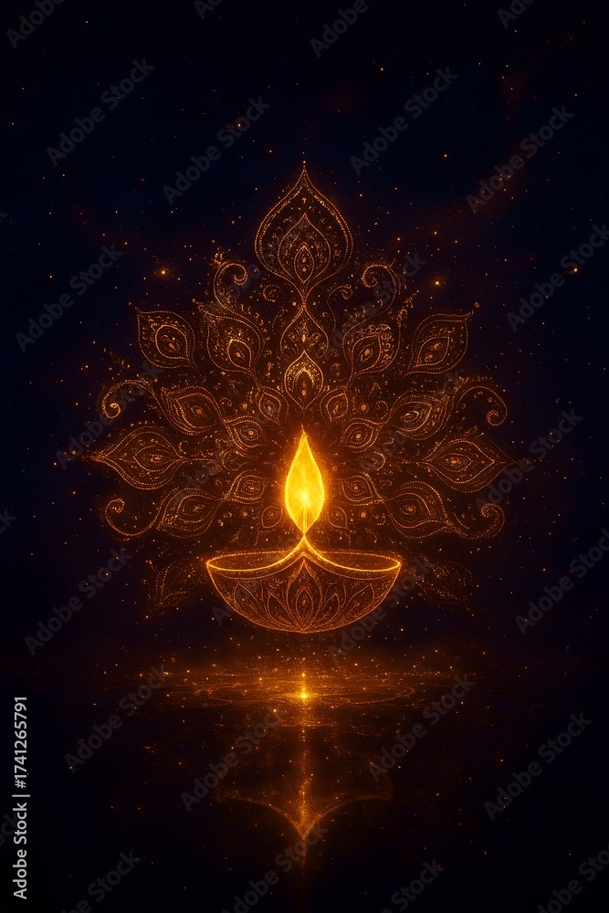 Fototapeta premium Glowing Golden Diya with Radiant Mandala Pattern for Diwali,Surreal Festive Artwork with Sparkling Diya and Ornamental Glow,generative ai