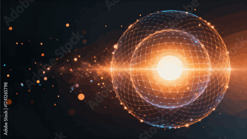 Glowing sphere with grid pattern and light particles