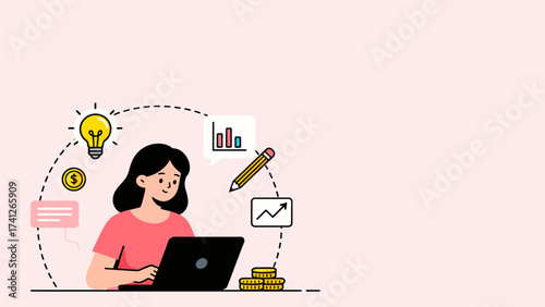 Woman using laptop with business icons