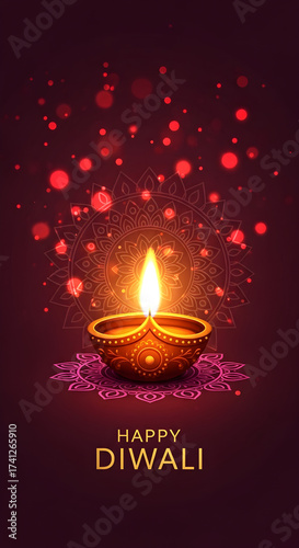Happy Diwali greeting card with illuminated oil lamp and abstract background