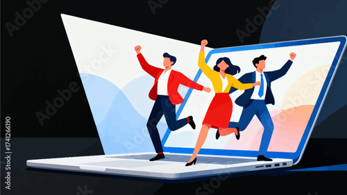 Three people jumping out of laptop screen