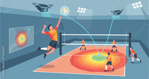 AI Volleyball Spike Trajectory and Block Prediction Vector Illustration. Player Training with Digital Net Sensor