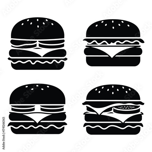 Set of four classic hamburger icons silhouette fast food burgers delicious meal food court emblem silhouette