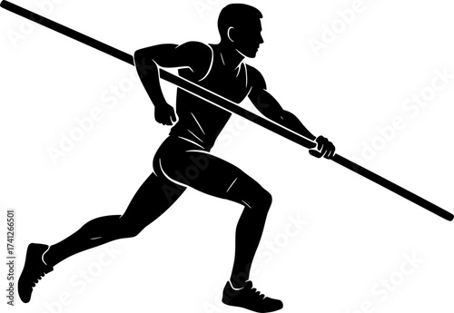 Black and white silhouette of a pole vaulter sprinting with pole, dynamic vector illustration perfect for athletics, sports posters, and track and field design