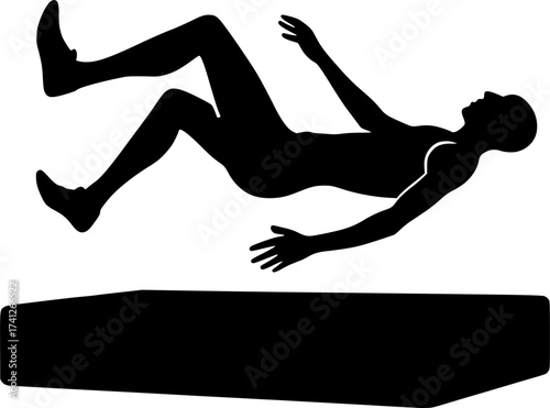 Minimal silhouette of a high jumper falling onto mat, dynamic black vector illustration perfect for athletics, sports posters, and track and field design