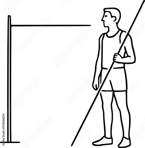Minimal outline sketch of a pole vaulter standing near bar, elegant black vector illustration perfect for athletics, sports posters, and track and field design