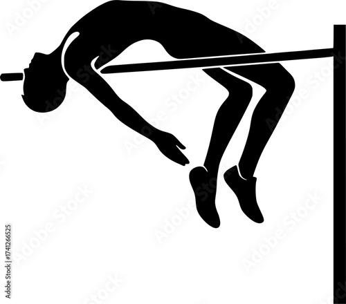 Minimal silhouette of a high jumper arching back over bar, dynamic black vector illustration perfect for athletics, sports posters, and track and field design