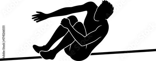 Minimal silhouette of a high jumper holding knees tucked, dynamic black vector illustration perfect for athletics, sports posters, and track and field design