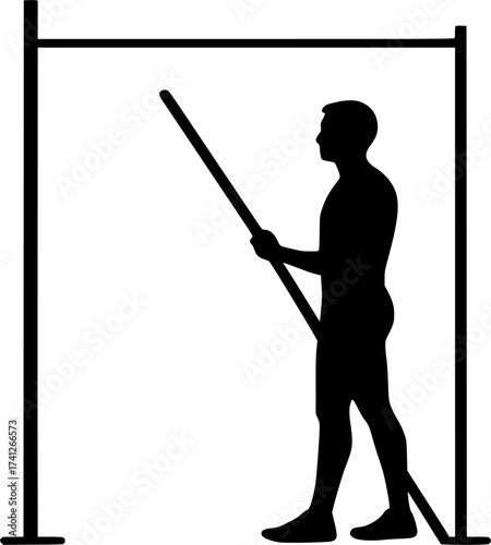 Minimal silhouette of a pole vaulter standing near bar setup, elegant black vector illustration perfect for athletics, sports posters, and track and field design
