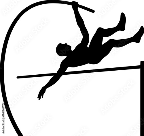 Minimal silhouette of a pole vaulter soaring above bar, dynamic black vector illustration perfect for athletics, sports posters, and track and field design