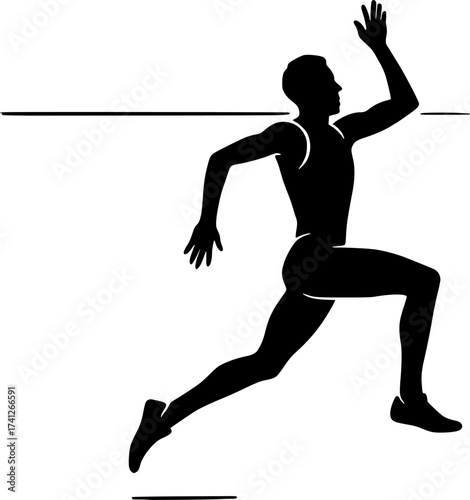 Minimalist black silhouette of a high jumper in takeoff stride, athletic vector design perfect for sports posters, fitness illustrations, and stock graphics