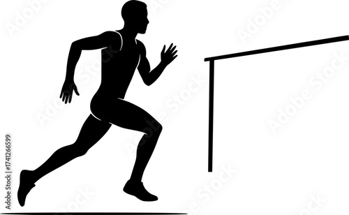 Minimalist silhouette of a high jumper running approach, dynamic black vector illustration perfect for athletics, sports posters, and track and field design