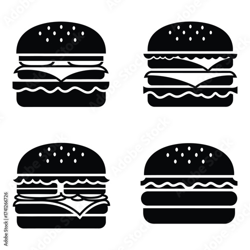 Four distinct hamburger icons representing different burger designs and ingredients simple and clear fast food visuals silhouette