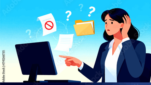Woman confused at computer with documents