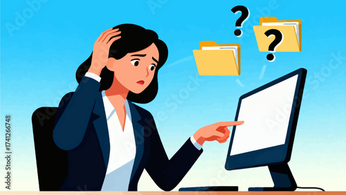 Woman confused at computer with question marks