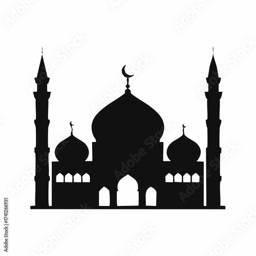 Elegant black silhouette of an Islamic mosque with domes and minarets. Vector graphic icon of religious architecture isolated on a white background