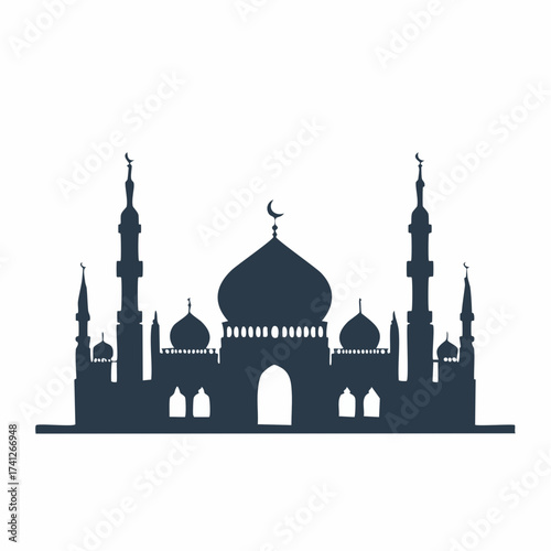 Dark silhouette of a traditional Muslim mosque building, an elegant symbol of Islamic architecture and faith