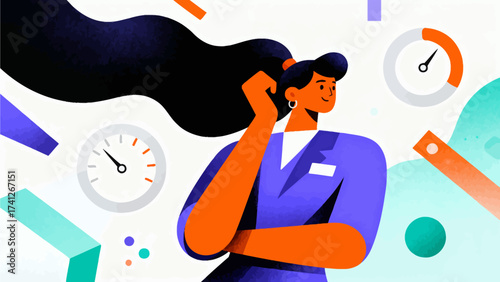 Woman in business suit with clocks around