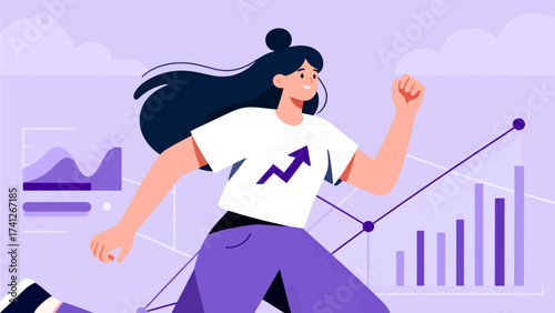 Woman running with upward arrow on shirt