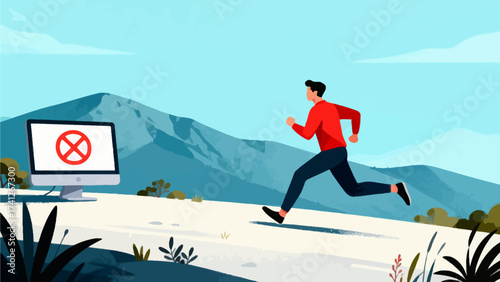Man running away from computer with prohibition symbol