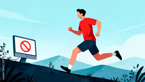 Man running away from computer with prohibition sign