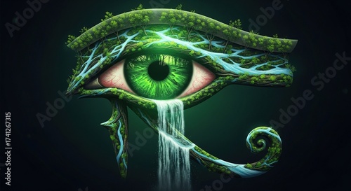Stunning Eye of Horus with vibrant green forest and flowing waterfalls for an environmental concept